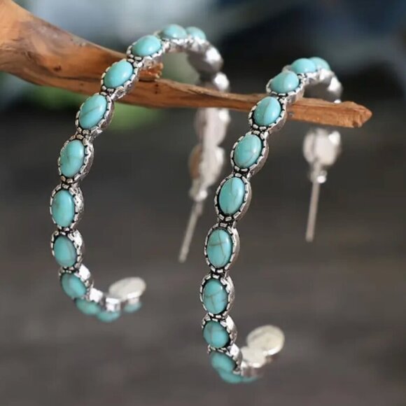 Silver plated Turquoise Howlite Stone Hoop Earrings - NWTs - Picture 2 of 5